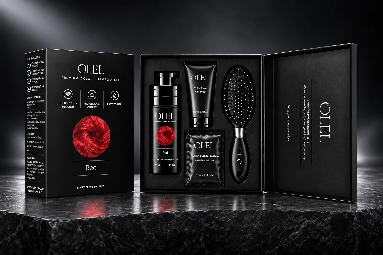 Olel Red set: shampoo, hair mask, gloves and comb in the original packaging