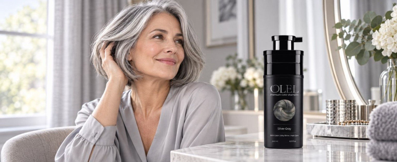 Olel Silver Gray shampoo with model