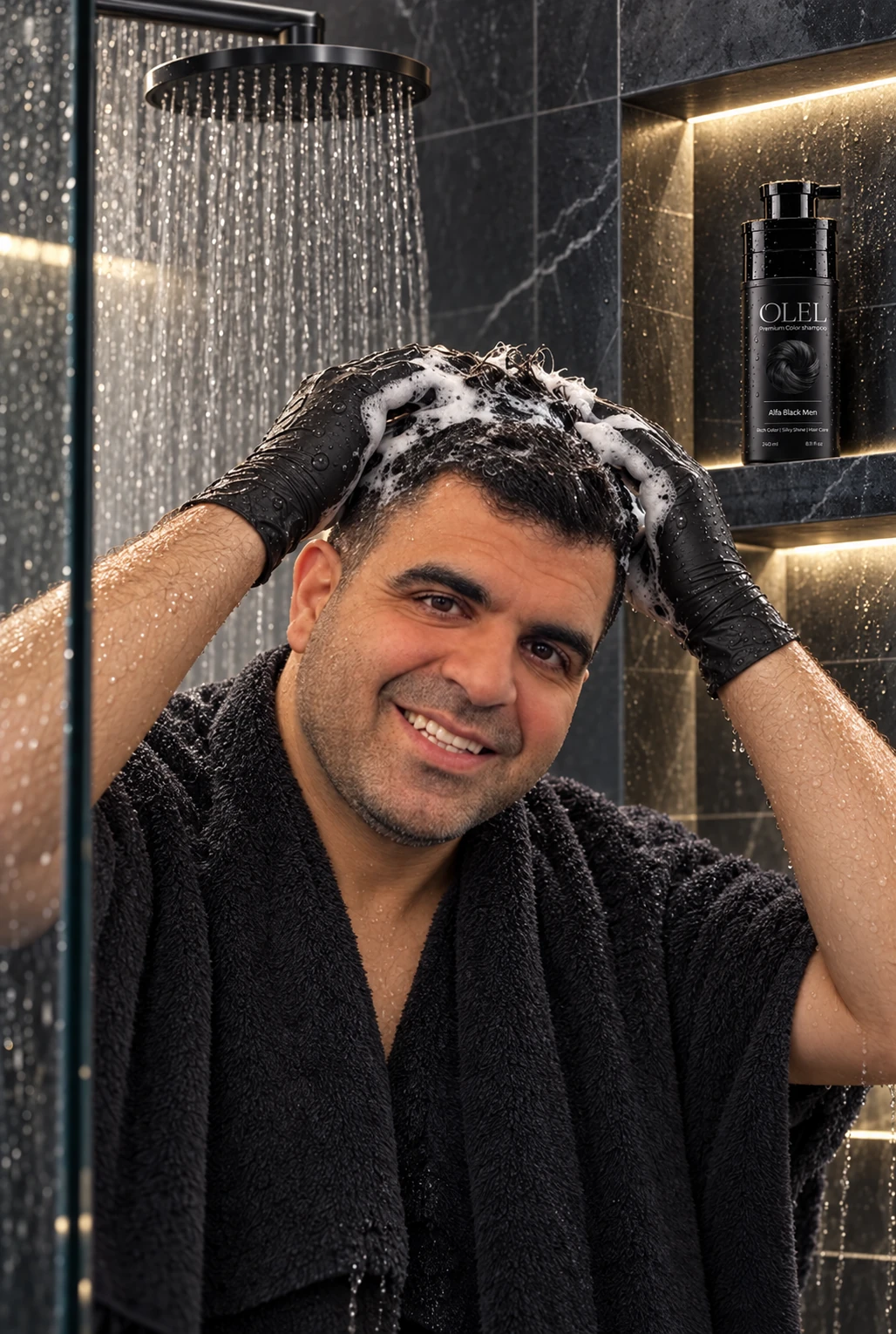 Olel Alfa Black model washing hair with black gloves